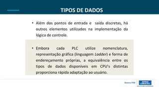 TIPOS DE DADOS
• Além dos pontos de entrada e saída discretas, há
outros elementos utilizados na implementação da
lógica de controle.
• Embora cada PLC utilize nomenclatura,
representação gráfica (linguagem Ladder) e forma de
endereçamento próprias, a equivalência entre os
tipos de dados disponíveis em CPU’s distintas
proporciona rápida adaptação ao usuário.
 