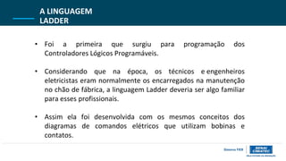 • Foi a primeira que surgiu para programação dos
Controladores Lógicos Programáveis.
• Considerando que na época, os técnicos e engenheiros
eletricistas eram normalmente os encarregados na manutenção
no chão de fábrica, a linguagem Ladder deveria ser algo familiar
para esses profissionais.
• Assim ela foi desenvolvida com os mesmos conceitos dos
diagramas de comandos elétricos que utilizam bobinas e
contatos.
A LINGUAGEM
LADDER
 