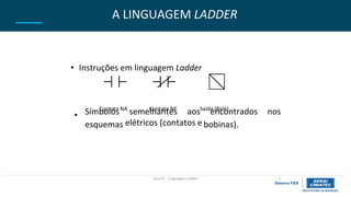 • Símbolos
esquemas
semelhantes aos encontrados
bobinas).
nos
elétricos (contatos e
Aula 07 - Linguagem Ladder 5
A LINGUAGEM LADDER
• Instruções em linguagem Ladder
Contato NA Contato NF Saída (Relé)
 