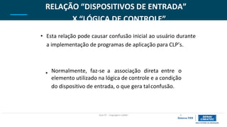• Normalmente, faz-se a associação direta entre o
elemento utilizado na lógica de controle
do dispositivo de entrada, o que gera tal
e a condição
confusão.
Aula 07 - Linguagem Ladder 6
RELAÇÃO “DISPOSITIVOS DE ENTRADA”
X “LÓGICA DE CONTROLE”
• Esta relação pode causar confusão inicial ao usuário durante
a implementação de programas de aplicação para CLP’s.
 