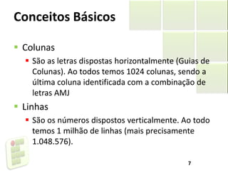 Conceitos Básicos
 Colunas
 São as letras dispostas horizontalmente (Guias de
Colunas). Ao todos temos 1024 colunas, sendo a
última coluna identificada com a combinação de
letras AMJ
 Linhas
 São os números dispostos verticalmente. Ao todo
temos 1 milhão de linhas (mais precisamente
1.048.576).
7
 