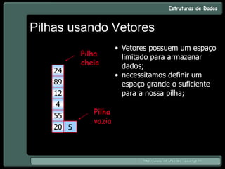 Pilhas usando Vetores
-1
20
55
4
12
89
0
1
2
3
4
24
5
Pilha
cheia
Pilha
vazia
• Vetores possuem um espaço
limitado para armazenar
dados;
• necessitamos definir um
espaço grande o suficiente
para a nossa pilha;
 