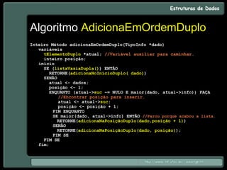 Algoritmo AdicionaEmOrdemDuplo
Inteiro Método adicionaEmOrdemDuplo(TipoInfo *dado)
variáveis
tElementoDuplo *atual; //Variável auxiliar para caminhar.
inteiro posição;
início
SE (listaVaziaDupla()) ENTÃO
RETORNE(adicionaNoInícioDuplo( dado))
SENÃO
atual <- dados;
posição <- 1;
ENQUANTO (atual->suc ~= NULO E maior(dado, atual->info)) FAÇA
//Encontrar posição para inserir.
atual <- atual->suc;
posição <- posição + 1;
FIM ENQUANTO
SE maior(dado, atual->info) ENTÃO //Parou porque acabou a lista.
RETORNE(adicionaNaPosiçãoDuplo(dado,posição + 1))
SENÃO
RETORNE(adicionaNaPosiçãoDuplo(dado, posição));
FIM SE
FIM SE
fim;
 