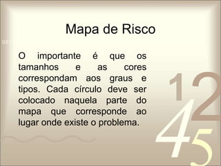 Mapa de Risco 
1 0011 42 
5 
0010 1010 1101 0001 0100 1011 
O importante é que os 
tamanhos e as cores 
correspondam aos graus e 
tipos. Cada círculo deve ser 
colocado naquela parte do 
mapa que corresponde ao 
lugar onde existe o problema. 
 