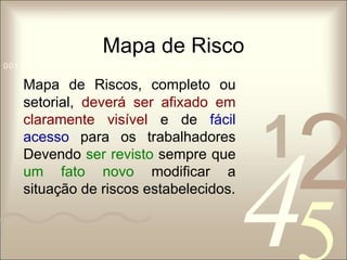 Mapa de Risco 
1 0011 42 
5 
0010 1010 1101 0001 0100 1011 
Mapa de Riscos, completo ou 
setorial, deverá ser afixado em 
claramente visível e de fácil 
acesso para os trabalhadores 
Devendo ser revisto sempre que 
um fato novo modificar a 
situação de riscos estabelecidos. 
 
