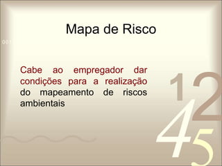 Mapa de Risco 
1 0011 42 
5 
0010 1010 1101 0001 0100 1011 
Cabe ao empregador dar 
condições para a realização 
do mapeamento de riscos 
ambientais 
 