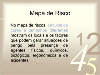 Mapa de Risco 
1 0011 42 
5 
0010 1010 1101 0001 0100 1011 
No mapa de riscos, círculos de 
cores e tamanhos diferentes 
mostram os locais e os fatores 
que podem gerar situações de 
perigo pela presença de 
agentes físicos, químicos, 
biológicos, ergonômicos e de 
acidentes. 
 
