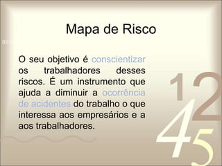 Mapa de Risco 
1 0011 42 
5 
0010 1010 1101 0001 0100 1011 
O seu objetivo é conscientizar 
os trabalhadores desses 
riscos. É um instrumento que 
ajuda a diminuir a ocorrência 
de acidentes do trabalho o que 
interessa aos empresários e a 
aos trabalhadores. 
 