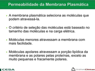  A membrana plasmática seleciona as moléculas que
podem atravessá-la.
 O critério de seleção das moléculas está baseado no
tamanho das moléculas e na carga elétrica.
 Moléculas menores atravessam a membrana com
mais facilidade.
 Moléculas apolares atravessam a porção lipídica da
membrana e as polares pelas proteínas, exceto as
muito pequenas e fracamente polares.
 