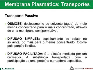  OSMOSE: deslocamento do solvente (água) do meio
menos concentrado para o mais concentrado, através
de uma membrana semipermeável.
 DIFUSÃO SIMPLES: espalhamento do soluto no
solvente, do mais para o menos concentrado. Ocorre
pela porção lipídica.
 DIFUSÃO FACILITADA: é a difusão mediada por um
carreador. A substância transportada com a
participação de uma proteína carreadora específica.
Transporte Passivo
 