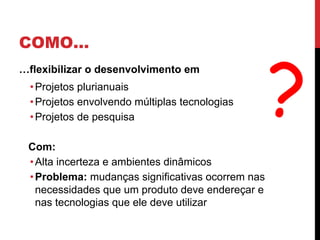 COMO…
…flexibilizar o desenvolvimento em
•Projetos plurianuais
•Projetos envolvendo múltiplas tecnologias
•Projetos de pesquisa
Com:
•Alta incerteza e ambientes dinâmicos
•Problema: mudanças significativas ocorrem nas
necessidades que um produto deve endereçar e
nas tecnologias que ele deve utilizar
?
 