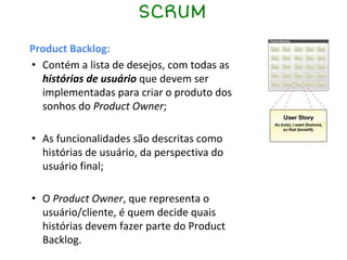 SCRUM
Product Backlog:
• Contém a lista de desejos, com todas as
histórias de usuário que devem ser
implementadas para criar o produto dos
sonhos do Product Owner;
• As funcionalidades são descritas como
histórias de usuário, da perspectiva do
usuário final;
• O Product Owner, que representa o
usuário/cliente, é quem decide quais
histórias devem fazer parte do Product
Backlog.
 