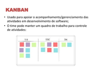 • Usado para apoiar o acompanhamento/gerenciamento das
atividades em desenvolvimento de software;
• O time pode manter um quadro de trabalho para controle
de atividades:
KANBAN
 