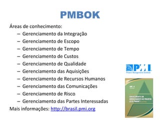 PMBOK
Áreas de conhecimento:
– Gerenciamento da Integração
– Gerenciamento de Escopo
– Gerenciamento de Tempo
– Gerenciamento de Custos
– Gerenciamento de Qualidade
– Gerenciamento das Aquisições
– Gerenciamento de Recursos Humanos
– Gerenciamento das Comunicações
– Gerenciamento de Risco
– Gerenciamento das Partes Interessadas
Mais informações: http://brasil.pmi.org
 