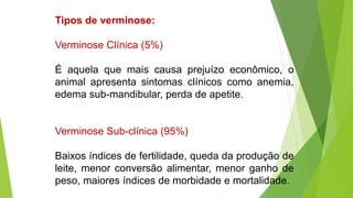 Tipos de verminose:
Verminose Clínica (5%)
É aquela que mais causa prejuízo econômico, o
animal apresenta sintomas clínicos como anemia,
edema sub-mandibular, perda de apetite.
Verminose Sub-clínica (95%)
Baixos índices de fertilidade, queda da produção de
leite, menor conversão alimentar, menor ganho de
peso, maiores índices de morbidade e mortalidade.
 