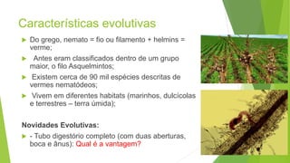 Características evolutivas
 Do grego, nemato = fio ou filamento + helmins =
verme;
 Antes eram classificados dentro de um grupo
maior, o filo Asquelmintos;
 Existem cerca de 90 mil espécies descritas de
vermes nematódeos;
 Vivem em diferentes habitats (marinhos, dulcícolas
e terrestres – terra úmida);
Novidades Evolutivas:
 - Tubo digestório completo (com duas aberturas,
boca e ânus): Qual é a vantagem? 4
 