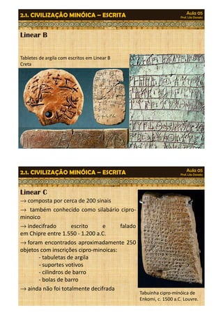 Aula 05 
Prof. Lila Donato 2.1. CIVILIZAÇÃO MINÓICA – ESCRITA 
Linear B 
Tabletes de argila com escritos em Linear B 
Creta 
Aula 05 
Prof. Lila Donato 2.1. CIVILIZAÇÃO MINÓICA – ESCRITA 
Linear C 
®composta por cerca de 200 sinais 
® também conhecido como silabário cipro-minoico 
®indecifrado escrito e falado 
em Chipre entre 1.550 - 1.200 a.C. 
®foram encontrados aproximadamente 250 
objetos com inscrições cipro-minoicas: 
- tabuletas de argila 
- suportes votivos 
- cilindros de barro 
- bolas de barro 
®ainda não foi totalmente decifrada 
Tabuinha cipro-minóica de 
Enkomi, c. 1500 a.C. Louvre. 
 