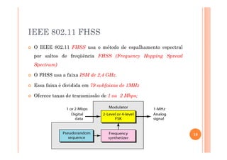 IEEE 802.11 FHSS
O IEEE 802.11 FHSS usa o método de espalhamento espectral
por saltos de freqüência FHSS (Frequency Hopping Spread
Spectrum)
O FHSS usa a faixa ISM de 2,4 GHz.
Essa faixa é dividida em 79 subfaixas de 1MHz
Oferece taxas de transmissão de 1 ou 2 Mbps;
19
 