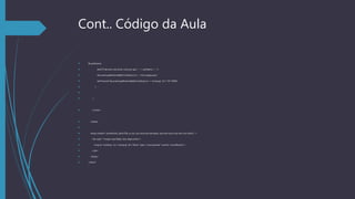 Cont.. Código da Aula
 if(userName){
 alert("É tão bom encontrar você por aqui - " + userName + ".");
 document.getElementById("rockImg").src = "rock_happy.png";
 setTimeout("document.getElementById('rockImg').src = 'rock.png';",0.1 * 60 *1000);
 }

 }
 </script>
 </head>

 <body onload="resizeRock(); alert('Olá, eu sou sua rocha de estimação, que bom que você veio me visitar'); ">
 <div style ="margin-top:100px; text-align:center">
 <img id="rockImg" src="rock.png" alt="iRock" style="cursor:pointer" onclick="touchRock()"/>
 </div>
 </body>
 </html>
 