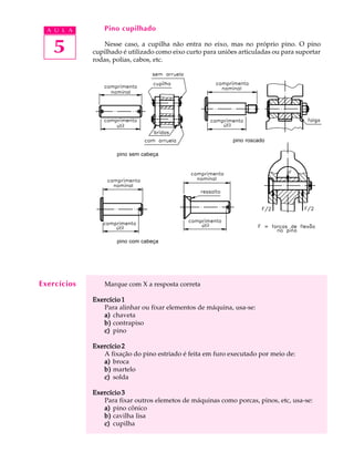 A U L A        Pino cupilhado


   5             Nesse caso, a cupilha não entra no eixo, mas no próprio pino. O pino
             cupilhado é utilizado como eixo curto para uniões articuladas ou para suportar
             rodas, polias, cabos, etc.




                                                             pino roscado

                     pino sem cabeça




                     pino com cabeça




Exercícios       Marque com X a resposta correta

             Exercício 1
                Para alinhar ou fixar elementos de máquina, usa-se:
                a) chaveta
                b) contrapiso
                c) pino

             Exercício 2
                A fixação do pino estriado é feita em furo executado por meio de:
                a) broca
                b) martelo
                c) solda

             Exercício 3
                Para fixar outros elemetos de máquinas como porcas, pinos, etc, usa-se:
                a) pino cônico
                b) cavilha lisa
                c) cupilha
 