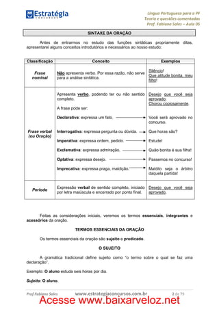Língua Portuguesa para a PF
Teoria e questões comentadas
Prof. Fabiano Sales – Aula 05
SINTAXE DA ORAÇÃO
Antes de entrarmos no estudo das funções sintáticas propriamente ditas,
apresentarei alguns conceitos introdutórios e necessários ao nosso estudo:

Classificação
Frase
nominal

Conceito

Exemplos

Silêncio!
Não apresenta verbo. Por essa razão, não serve
Que atitude bonita, meu
para a análise sintática.
filho!

Apresenta verbo, podendo ter ou não sentido Desejo que você seja
aprovado.
completo.
Chorou copiosamente.
A frase pode ser:
Declarativa: expressa um fato.

Que horas são?
Estude!

Exclamativa: expressa admiração.

Quão bonita é sua filha!

Optativa: expressa desejo.

Passemos no concurso!

Imprecativa: expressa praga, maldição.

Período

Interrogativa: expressa pergunta ou dúvida.
Imperativa: expressa ordem, pedido.

Frase verbal
(ou Oração)

Você será aprovado no
concurso.

Maldito seja o árbitro
daquela partida!

Expressão verbal de sentido completo, iniciado Desejo que você seja
por letra maiúscula e encerrado por ponto final.
aprovado.

Feitas as considerações iniciais, veremos os termos essenciais, integrantes e
acessórios da oração.
TERMOS ESSENCIAIS DA ORAÇÃO
Os termos essenciais da oração são sujeito e predicado.
O SUJEITO
A gramática tradicional define sujeito como “o termo sobre o qual se faz uma
declaração”.
Exemplo: O aluno estuda seis horas por dia.
Sujeito: O aluno.
Prof.Fabiano Sales

www.estrategiaconcursos.com.br

2 de 79

Acesse www.baixarveloz.net

 