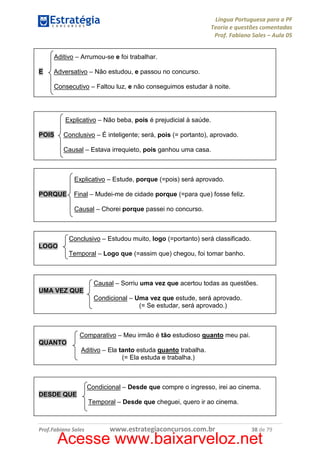 Língua Portuguesa para a PF
Teoria e questões comentadas
Prof. Fabiano Sales – Aula 05
Aditivo – Arrumou-se e foi trabalhar.
E

Adversativo – Não estudou, e passou no concurso.
Consecutivo – Faltou luz, e não conseguimos estudar à noite.

Explicativo – Não beba, pois é prejudicial à saúde.
POIS

Conclusivo – É inteligente; será, pois (= portanto), aprovado.
Causal – Estava irrequieto, pois ganhou uma casa.

Explicativo – Estude, porque (=pois) será aprovado.
PORQUE

Final – Mudei-me de cidade porque (=para que) fosse feliz.
Causal – Chorei porque passei no concurso.

Conclusivo – Estudou muito, logo (=portanto) será classificado.
LOGO
Temporal – Logo que (=assim que) chegou, foi tomar banho.

Causal – Sorriu uma vez que acertou todas as questões.
UMA VEZ QUE
Condicional – Uma vez que estude, será aprovado.
(= Se estudar, será aprovado.)

Comparativo – Meu irmão é tão estudioso quanto meu pai.
QUANTO
Aditivo – Ela tanto estuda quanto trabalha.
(= Ela estuda e trabalha.)

Condicional – Desde que compre o ingresso, irei ao cinema.
DESDE QUE
Temporal – Desde que cheguei, quero ir ao cinema.

Prof.Fabiano Sales

www.estrategiaconcursos.com.br

38 de 79

Acesse www.baixarveloz.net

 