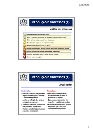 02/10/2012




PRODUÇÃO E PROCESSOS (2)




PRODUÇÃO E PROCESSOS (2)




                                   6
 