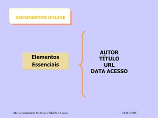 Maria Bernardete M Alves e Marili I. Lopes UFSC/2006 
AUTORTÍTULOURLDATA ACESSOElementosEssenciais 
DOCUMENTOS ONLINE  