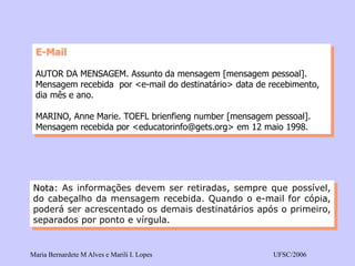Maria Bernardete M Alves e Marili I. Lopes UFSC/2006 
Nota:Asinformaçõesdevemserretiradas,semprequepossível, docabeçalhodamensagemrecebida.Quandooe-mailforcópia, poderáseracrescentadoosdemaisdestinatáriosapósoprimeiro, separadosporpontoevírgula. E-Mail 
AUTOR DA MENSAGEM. Assunto da mensagem [mensagem pessoal]. Mensagem recebida por <e-mail do destinatário> data de recebimento, dia mês e ano. 
MARINO, Anne Marie. TOEFL brienfieng number [mensagem pessoal]. Mensagem recebida por <educatorinfo@gets.org> em 12 maio 1998.  