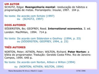 Maria Bernardete M Alves e Marili I. Lopes UFSC/2006 
UM AUTOR 
SCHÜTZ, Edgar. Reengenharia mental: reeducação de hábitos e programação de metas. Florianópolis: Insular, 1997. 104 p. 
No texto: De acordo com Schütz (1997) 
ou (SCHÜTZ, 1997) 
DOIS AUTORES 
SÓDERSTEN, Bo;GEOFREY, Reed. International economics. 3. ed. London: MacMillan, 1994. 714 p. 
No texto: De acordo com Sódersten e Geofrey (1994, p. 23) 
ou (SÓDERSTEN;GEOFREY, 1994, p. 23) 
TRÊS AUTORES 
NORTON, Peter; AITKEN, Peter; WILTON, Richard. PeterNorton: a bíblia do programador. Tradução: Geraldo Costa Filho. Rio de Janeiro: Campos, 1994. 640 p. 
No texto: De acordo com Norton, Aitken e Wilton (1994) 
ou (NORTON; AITKEN; WILTON, 1994)  