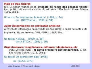 Maria Bernardete M Alves e Marili I. Lopes UFSC/2006 
Mais de três autores 
BRITO,EdsonViannaetal.Impostoderendadaspessoasfísicas: livropráticodeconsultadiária.6.ed.atual.SãoPaulo:FraseEditora, 1996.288p. 
No texto: De acordo com Brito et al. (1996, p. 54) 
ou (BRITO et al., 1996, p. 54) 
Autor desconhecido ou publicação anônima 
A ÉTICA da informação no mercado do ano 2000: o papel da fonte e da imprensa. Rio de Janeiro: CVM, FENAJ, 1999. 80p. 
No texto: A ética... (1999, p. 28) 
ou (A ÉTICA... 1999, p. 28) 
Organizadores, compiladores, editores, adaptadores, etc 
BOSI, Alfredo (Org.). O conto brasileiro contemporâneo. 3. ed. São Paulo: Cultrix, 1978. 293 p. 
No texto: De acordo com Bosi (1978) 
ou (BOSI, 1978)  