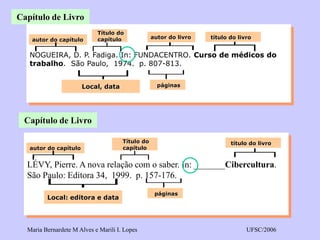Maria Bernardete M Alves e Marili I. Lopes UFSC/2006 
NOGUEIRA, D. P. Fadiga. In: FUNDACENTRO. Curso de médicos do 
trabalho. São Paulo, 1974. p. 807-813. 
autor do capítulo 
Título do 
capítulo 
Local, data 
autor do livro título do livro 
páginas 
Capítulo de Livro 
LÉVY, Pierre. A nova relação com o saber. In: _______Cibercultura. 
São Paulo: Editora 34, 1999. p. 157-176. 
autor do capítulo 
Título do 
capítulo 
Local: editora e data 
título do livro 
páginas 
Capítulo de Livro 
 