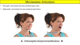 • Elevação: movimento de uma estrutura para cima
• Depressão: movimento de uma estrutura para baixo
Movimentos Articulares
 