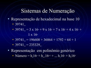 Sistemas de Numeração Representação de hexadecimal na base 10  39741 16 39741 16  = 3 x 16 4  + 9 x 16 3  + 7 x 16 2  + 4 x 16 1  +  1 x 16 0 39741 16  = 196608 + 36864 + 1792 + 64 + 1 39741 16  = 235329 10 Representação  em polinômio genérico Número = h n 16 n  + h n-1 16 n-1  + ... h 1 16 1  + h 0 16 0 