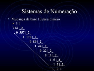 Sistemas de Numeração Mudança da base 10 para binário  714 714 | _2_ 0  357 | _2_   1  178 | _2_   0  89 | _2_  1  44 | _2_ 0  22 | _2_ 0  11 | _2_ 1  5 | _2_ 1  2 | _2_ 0  1  