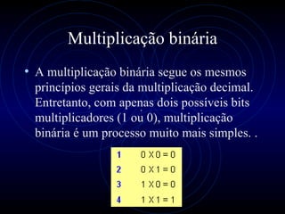 Multiplicação binária A multiplicação binária segue os mesmos princípios gerais da multiplicação decimal. Entretanto, com apenas dois possíveis bits multiplicadores (1 ou 0), multiplicação binária é um processo muito mais simples. .  .  .  