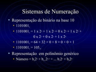 Sistemas de Numeração Representação de binário na base 10  1101001 2 1101001 2  = 1 x 2 6  + 1 x 2 5  + 0 x 2 4  + 1 x 2 3  +  0 x 2 2  + 0 x 2 1  + 1 x 2 0 1101001 2  = 64 + 32 + 0 + 8 + 0 + 0 + 1 1101001 2  = 105 10 Representação  em polinômio genérico Número = b n 2 n  + b n-1 2 n-1  + ... b 1 2 1  + b 0 2 0 