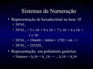 Sistemas de Numeração <ul><li>Representação de hexadecimal na base 10  </li></ul><ul><ul><li>39741 16 </li></ul></ul><ul><...
