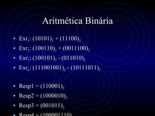 Aritmética Binária <ul><li>Exr 1 : (10101) 2  + (11100) 2 </li></ul><ul><li>Exr 2 : (100110) 2  + (0011100) 2 </li></ul><u...