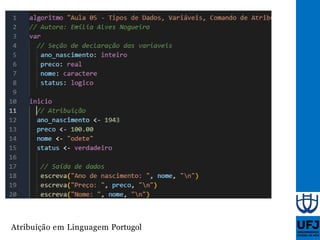 Aula 05 - Tipos de dados, variáveis e constantes | PPTX