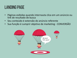 • Páginas exibidas quando internauta clica em um anúncio ou
link de resultado de busca
• Seu conteúdo é extensão do anúncio referente
• Sua função é cumprir objetivo de marketing - CONVERSÃO
 