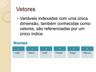 VetoresVariáveis indexadas com uma única dimensão, também conhecidas como vetores, são referenciadas por um único índice.Nomes