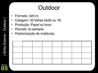 Outdoor Formato: 3x9 m; Colagem: 32 folhas (4x8) ou 16; Produção: Papel ou lona; Período: bi-semana Padronização de molduras; 