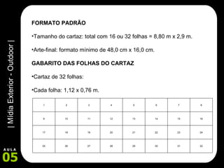 FORMATO PADRÃO Tamanho do cartaz: total com 16 ou 32 folhas = 8,80 m x 2,9 m. Arte-final: formato mínimo de 48,0 cm x 16,0 cm.  GABARITO DAS FOLHAS DO CARTAZ Cartaz de 32 folhas: Cada folha: 1,12 x 0,76 m. 32 31 30 29 28 27 26 25 24 23 22 21 20 19 18 17 16 15 14 13 12 11 10 9 8 7 6 5 4 3 2 1 