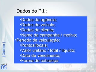 Dados do P.I.: Dados da agência; Dados do veículo; Dados do cliente; Nome da campanha / motivo; Período de veiculação; Pontos/locais; Valor unitário / total / líquido; Data de vencimento; Forma de cobrança. 
