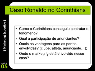 Caso Ronaldo no Corinthians Como o Corinthians conseguiu contratar o fenômeno? Qual a participação de anunciantes? Quais as vantagens para as partes envolvidas? (clube, atleta, anunciante…); Onde o marketing está envolvido nesse caso? 
