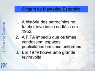 Origem do Marketing Esportivo A história dos patrocínios no futebol teve início na Itália em 1952; A FIFA impediu que os times vendessem espaços publicitários em seus uniformes Em 1979 houve uma grande reviravolta 