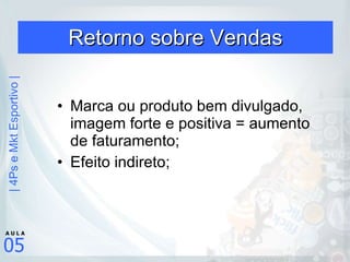 Retorno sobre Vendas Marca ou produto bem divulgado, imagem forte e positiva = aumento de faturamento; Efeito indireto; 