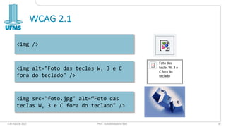 WCAG 2.1
6 de maio de 2022 PW1 - Acessibilidade na Web 38
Foto das
teclas W, 3 e
C fora do
teclado
<img src="foto.jpg" alt=“Foto das
teclas W, 3 e C fora do teclado" />
<img alt="Foto das teclas W, 3 e C
fora do teclado" />
<img />
 