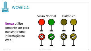 WCAG 2.1
6 de maio de 2022 PW1 - Acessibilidade na Web 55
Visão Normal Daltônico
Nunca utilize
somente cor para
transmitir uma
informação na
Web!!
 
